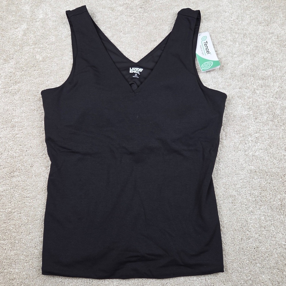 Lands' End Slender Tank Top Built-In Shelf Bra Tencel V-Neck Stretch Black M NWT